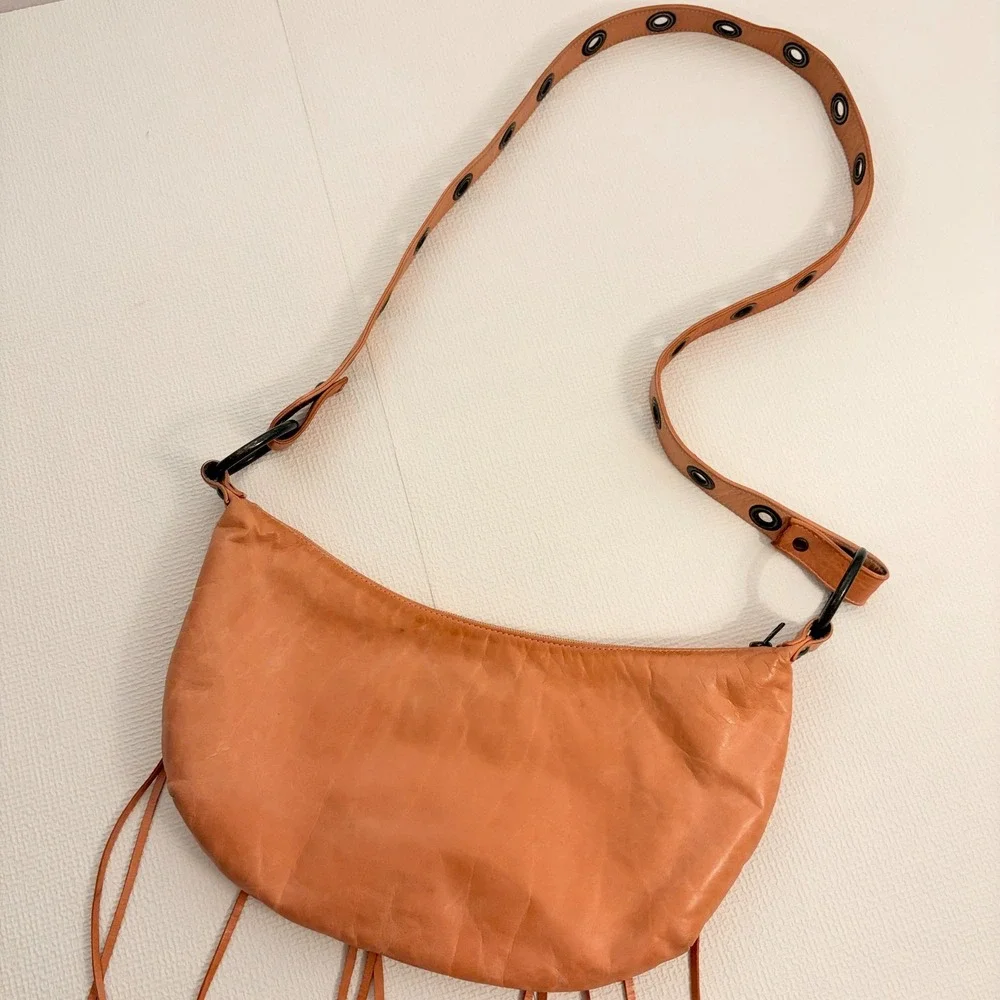 VTG Mussio DeGroot Coral Leather Fringe Hobo Bag Brass Grommet Boho Shoulder Bag